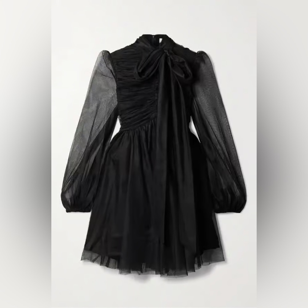 Zimmermann Gathered Tulle Elegant Black Mini Dress with Bow (AU Size1)